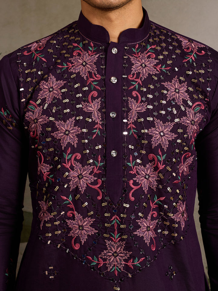 Purple Viscose Silk Men’s Kurta for Navratri with Mirror, Thread & Sequin Embroidery Work