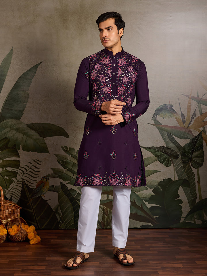 Purple Viscose Silk Men’s Kurta for Navratri with Mirror, Thread & Sequin Embroidery Work