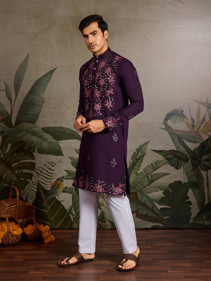 Purple Viscose Silk Men’s Kurta for Navratri with Mirror, Thread & Sequin Embroidery Work