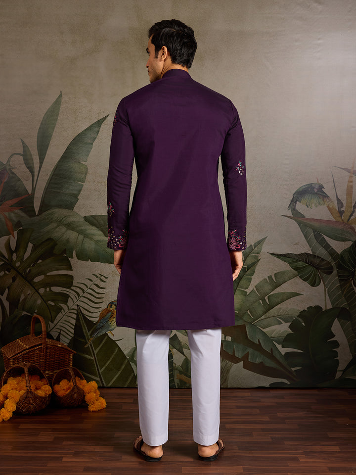 Purple Viscose Silk Men’s Kurta for Navratri with Mirror, Thread & Sequin Embroidery Work