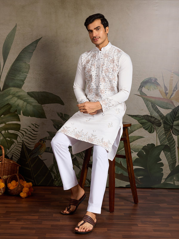 White Viscose Silk Men’s Kurta for Navratri with Mirror, Thread & Sequin Embroidery Work