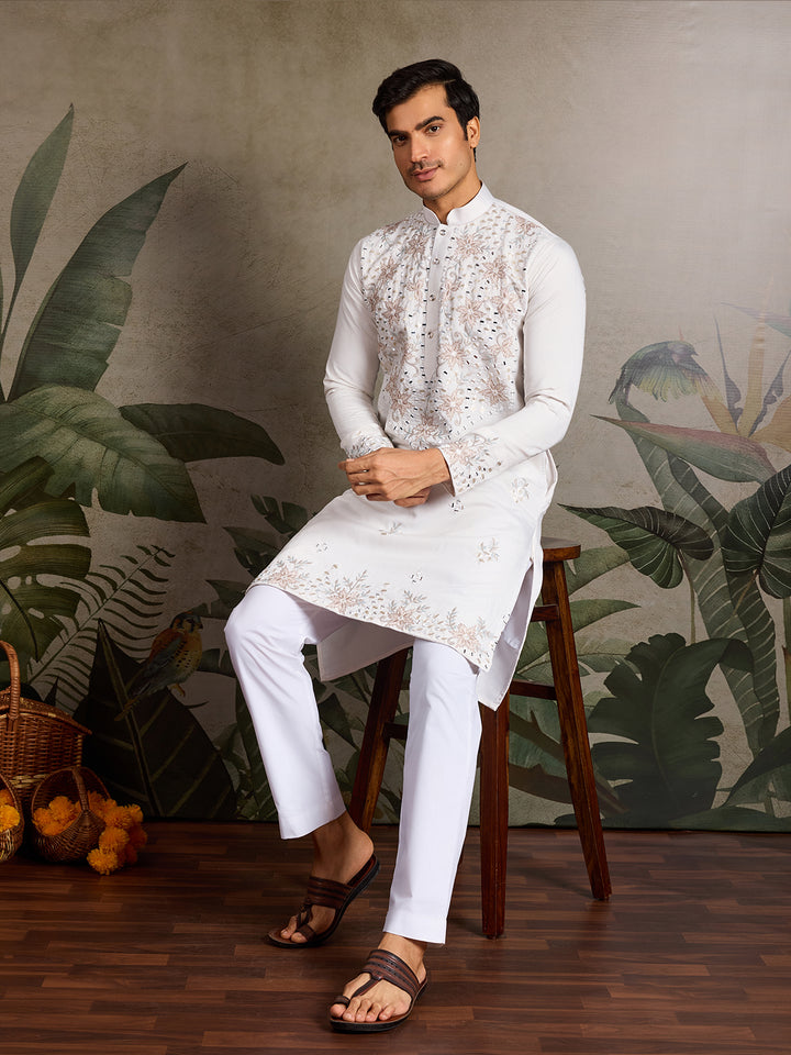 White Viscose Silk Men’s Kurta for Navratri with Mirror, Thread & Sequin Embroidery Work