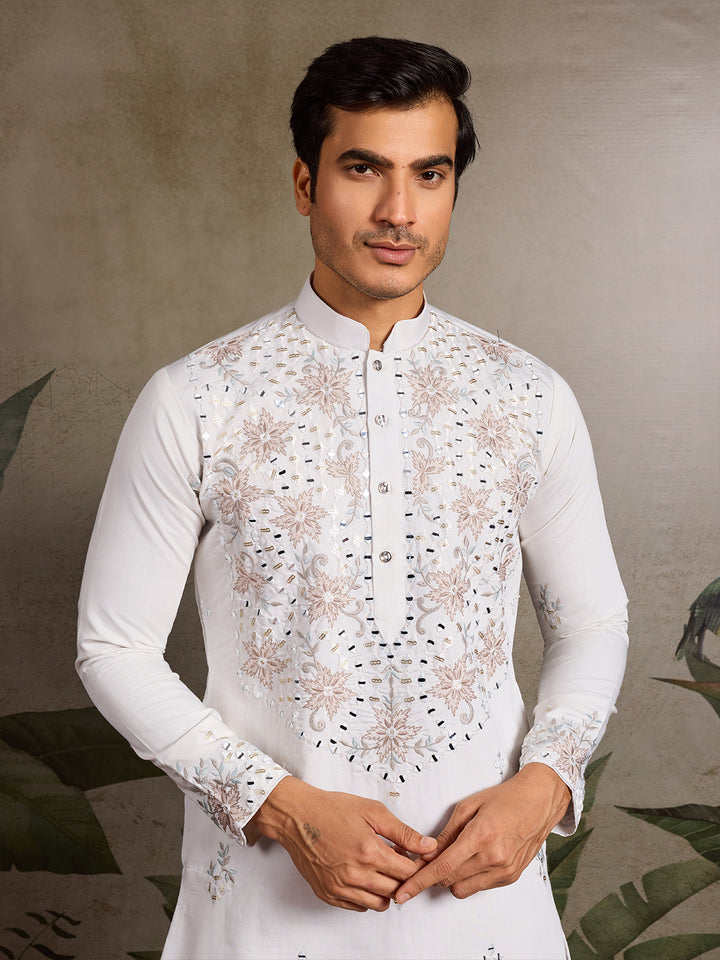 White Viscose Silk Men’s Kurta for Navratri with Mirror, Thread & Sequin Embroidery Work