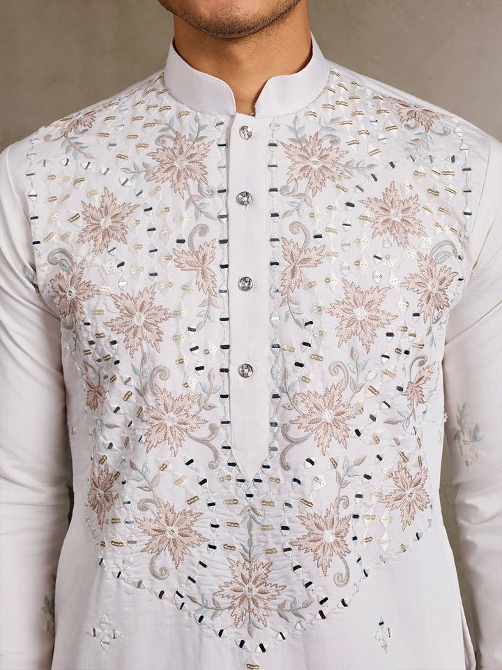 White Viscose Silk Men’s Kurta for Navratri with Mirror, Thread & Sequin Embroidery Work