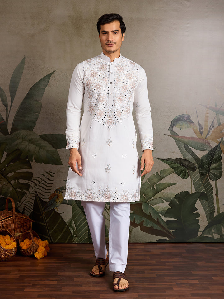 White Viscose Silk Men’s Kurta for Navratri with Mirror, Thread & Sequin Embroidery Work