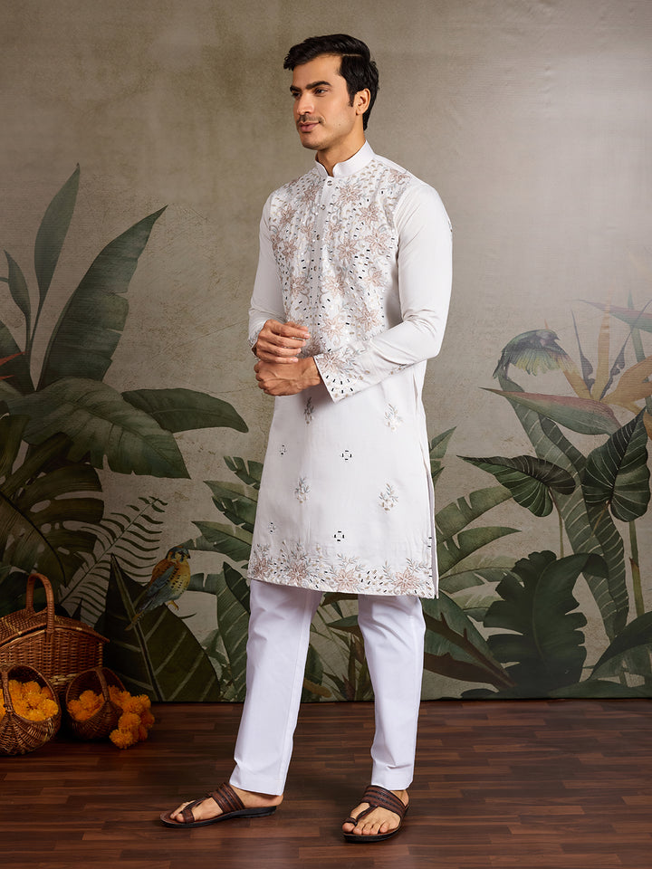 White Viscose Silk Men’s Kurta for Navratri with Mirror, Thread & Sequin Embroidery Work