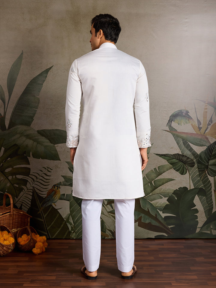 White Viscose Silk Men’s Kurta for Navratri with Mirror, Thread & Sequin Embroidery Work