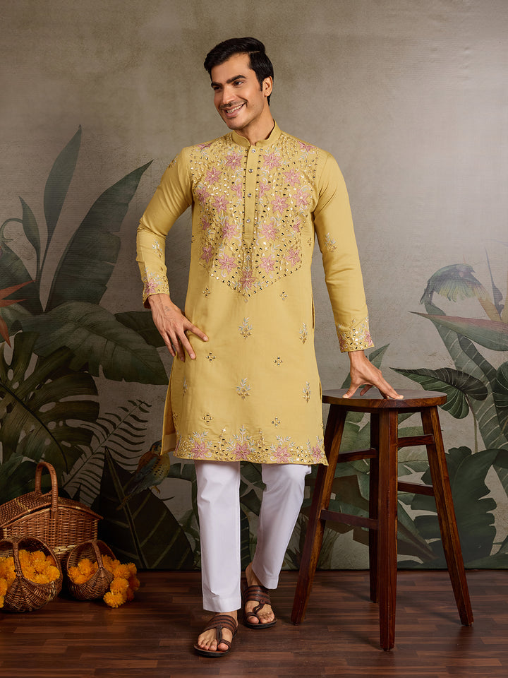 Yellow Viscose Silk Men’s Kurta with Mirror Work & Embroidery | Navratri Festival Wear