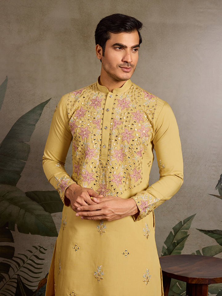 Yellow Viscose Silk Men’s Kurta with Mirror Work & Embroidery | Navratri Festival Wear