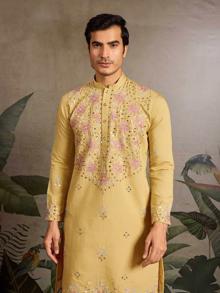 Yellow Viscose Silk Men’s Kurta with Mirror Work & Embroidery | Navratri Festival Wear