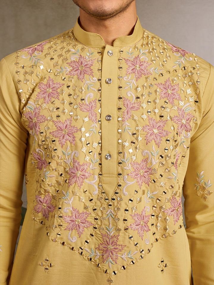 Yellow Viscose Silk Men’s Kurta with Mirror Work & Embroidery | Navratri Festival Wear