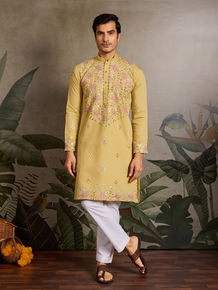 Yellow Viscose Silk Men’s Kurta with Mirror Work & Embroidery | Navratri Festival Wear