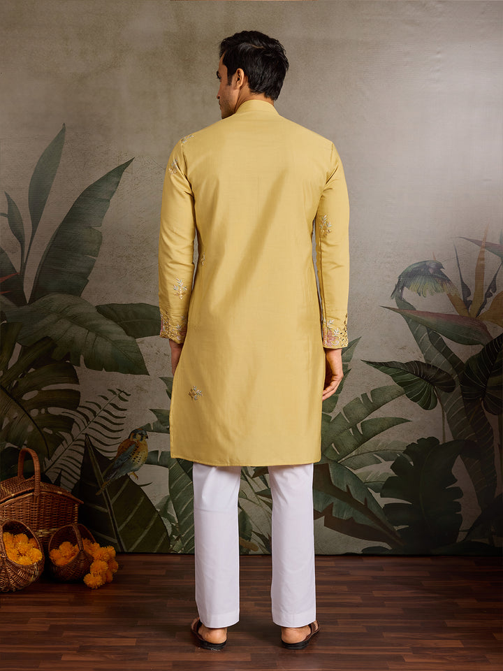 Yellow Viscose Silk Men’s Kurta with Mirror Work & Embroidery | Navratri Festival Wear