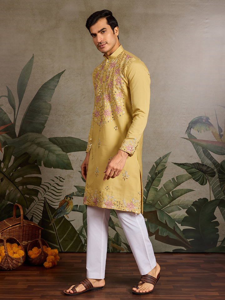 Yellow Viscose Silk Men’s Kurta with Mirror Work & Embroidery | Navratri Festival Wear