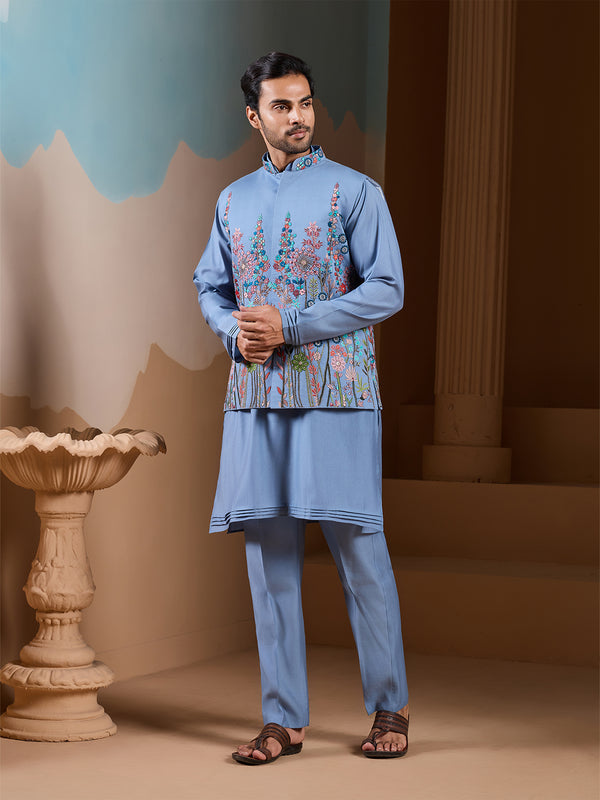 Designer Sky Blue Silk Koti-Kurta Set for Men | Thread & Sequence Embroidery Work | Premium Occasion & Wedding Wear