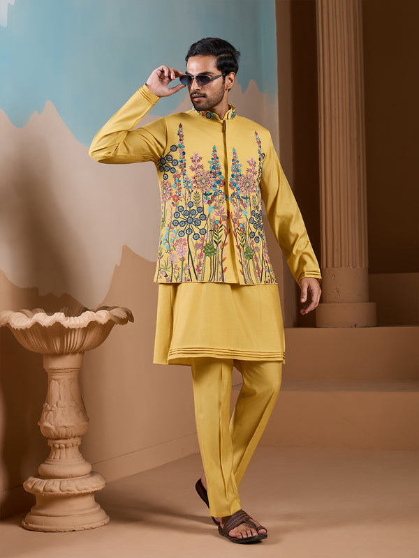Men's Designer Occasion Wear Yellow Silk Koti-Kurta Set