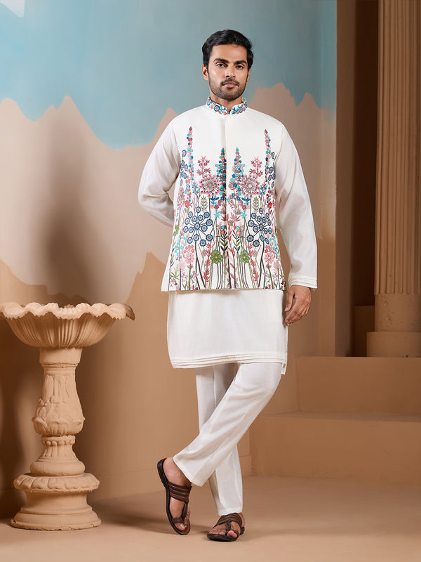 Men's Designer White Silk Koti Kurta Set with Thread & Sequin Embroidery | Festive Occasion Wear