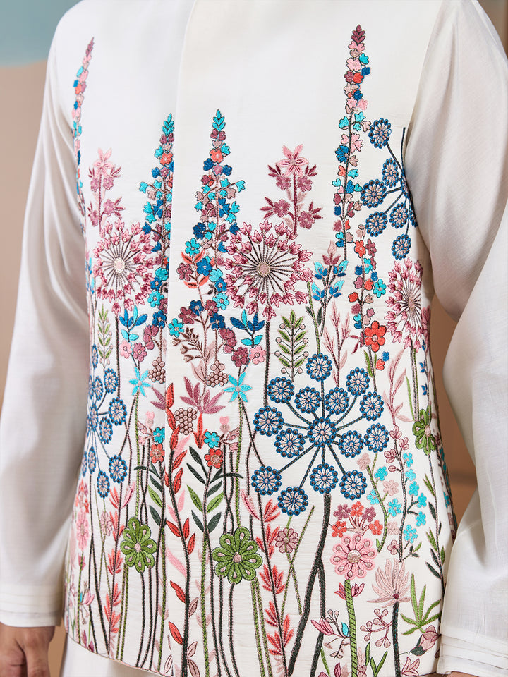 Men's Designer White Silk Koti Kurta Set with Thread & Sequin Embroidery | Festive Occasion Wear