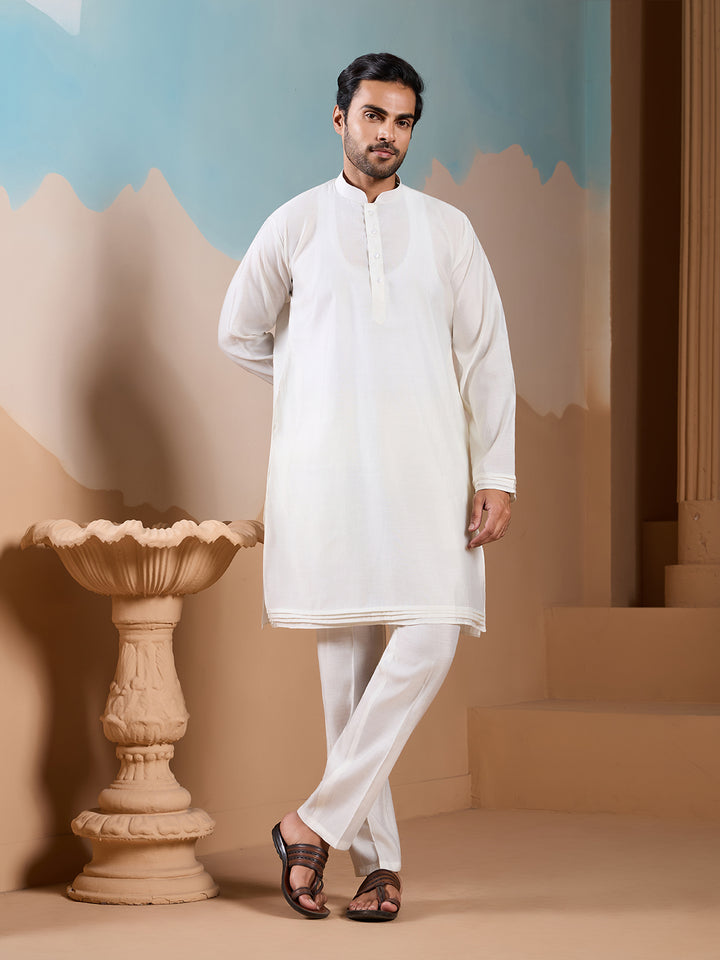Men's Designer White Silk Koti Kurta Set with Thread & Sequin Embroidery | Festive Occasion Wear