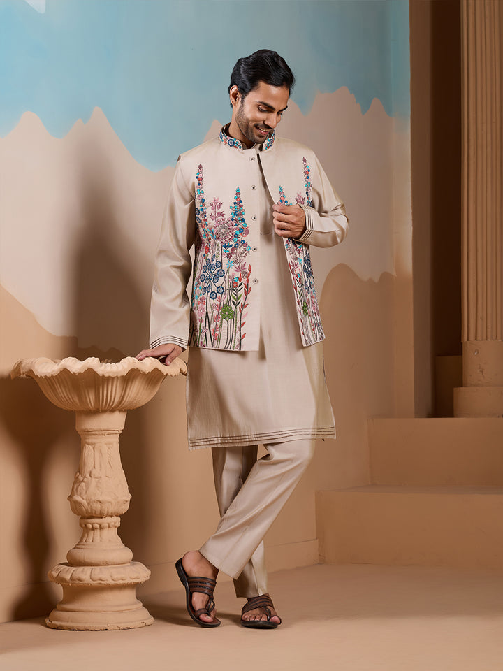 Beige Silk Koti-Kurta Set for Men | Thread & Sequin Embroidery | Designer Ethnic Occasion Wear