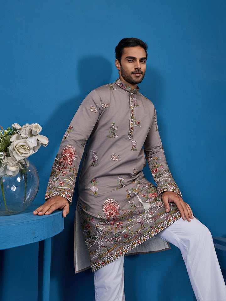 Men's Grey Viscose Silk Kurta with Sequence Embroidery | Elegant Occasion Wear