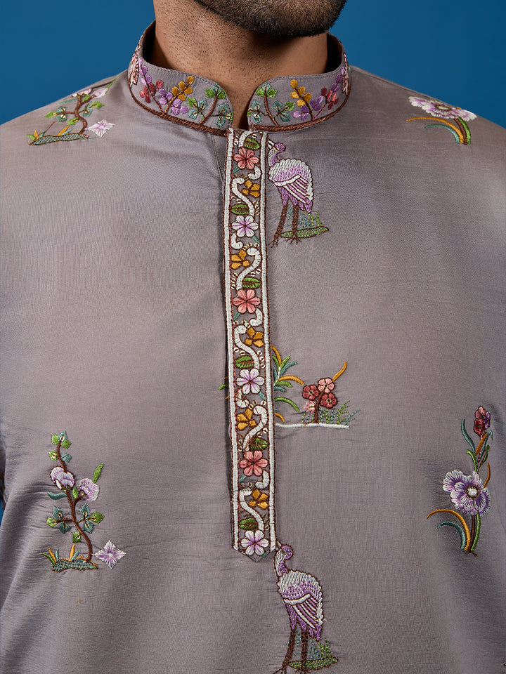 Men's Grey Viscose Silk Kurta with Sequence Embroidery | Elegant Occasion Wear