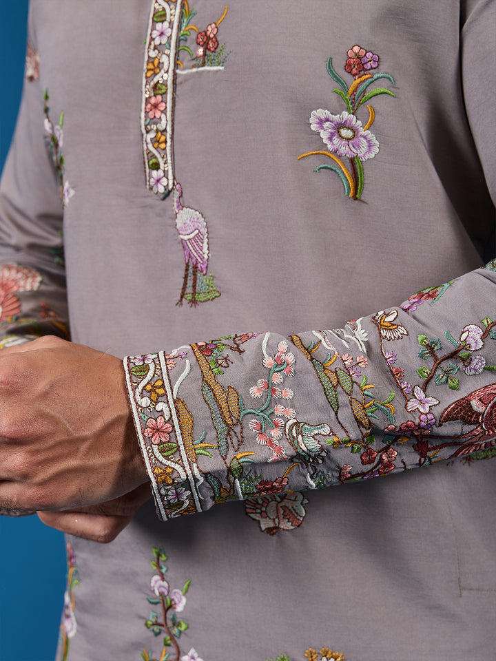 Men's Grey Viscose Silk Kurta with Sequence Embroidery | Elegant Occasion Wear