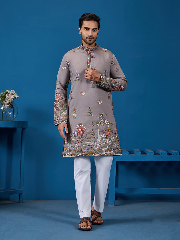 Men's Grey Viscose Silk Kurta with Sequence Embroidery | Elegant Occasion Wear