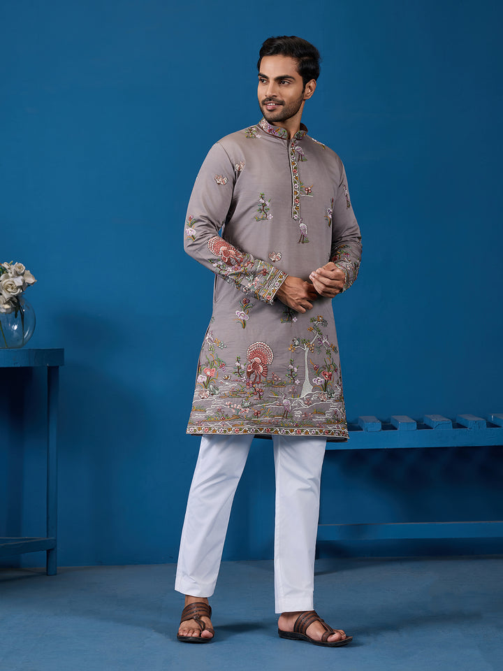 Men's Grey Viscose Silk Kurta with Sequence Embroidery | Elegant Occasion Wear