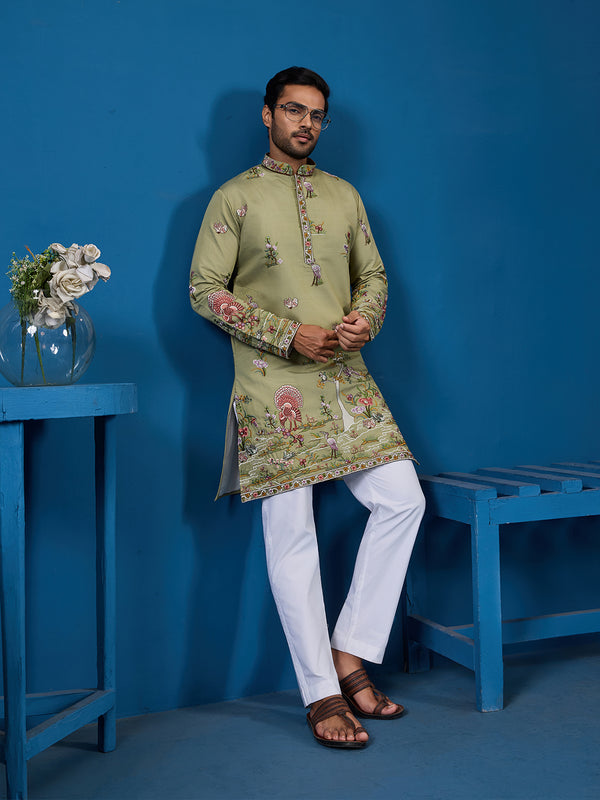 Pista Green Viscose Silk Embroidered Men's Kurta for Occasion