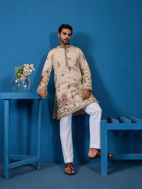 Beige Viscose Silk Kurta for Men | Threads & Sequence Embroidered Occasion Wear