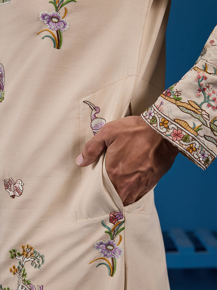 Beige Viscose Silk Kurta for Men | Threads & Sequence Embroidered Occasion Wear