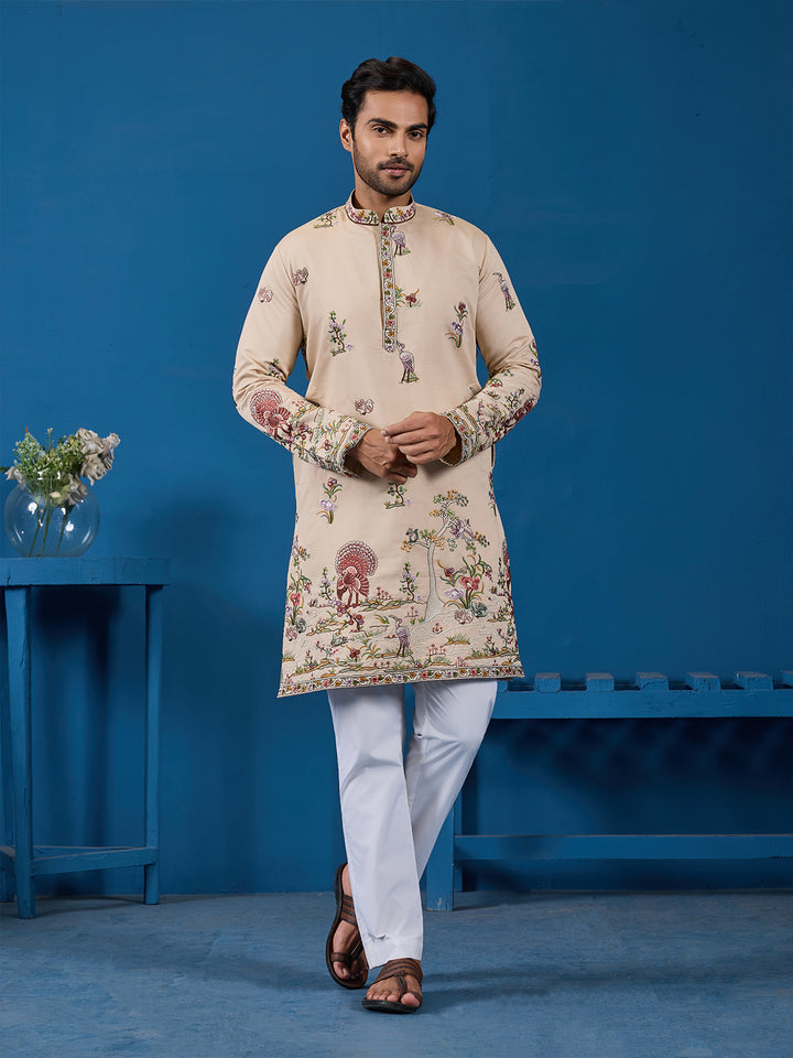 Beige Viscose Silk Kurta for Men | Threads & Sequence Embroidered Occasion Wear