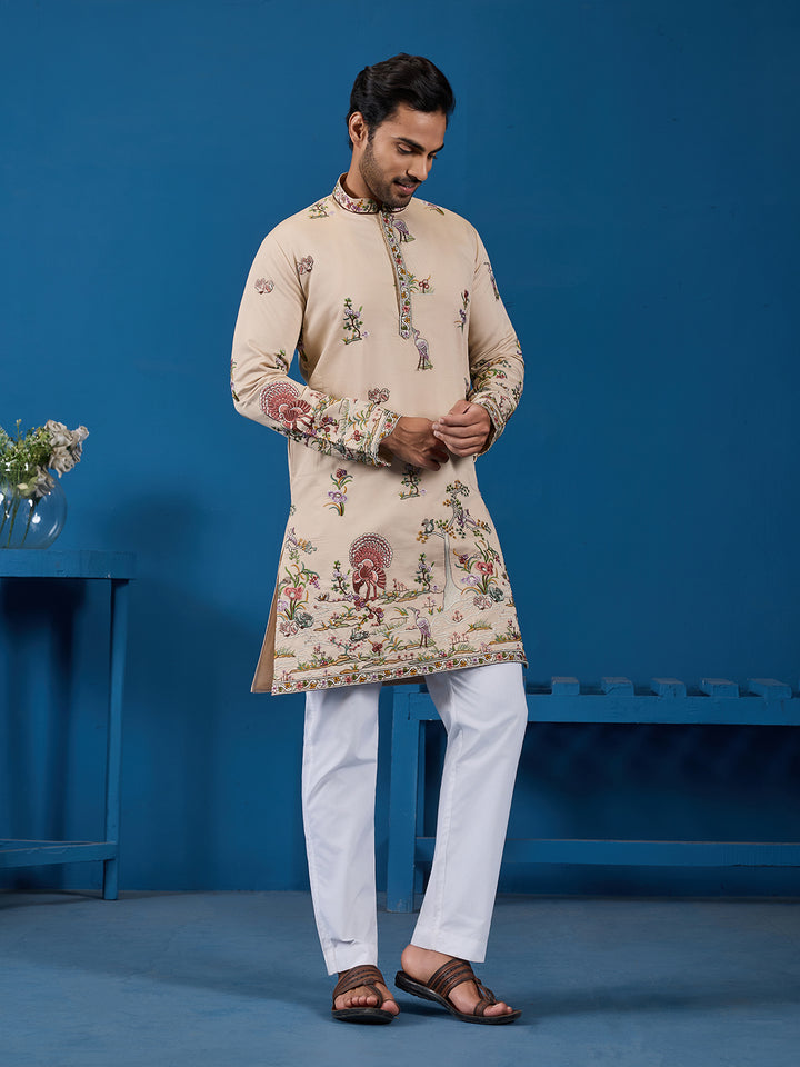 Beige Viscose Silk Kurta for Men | Threads & Sequence Embroidered Occasion Wear