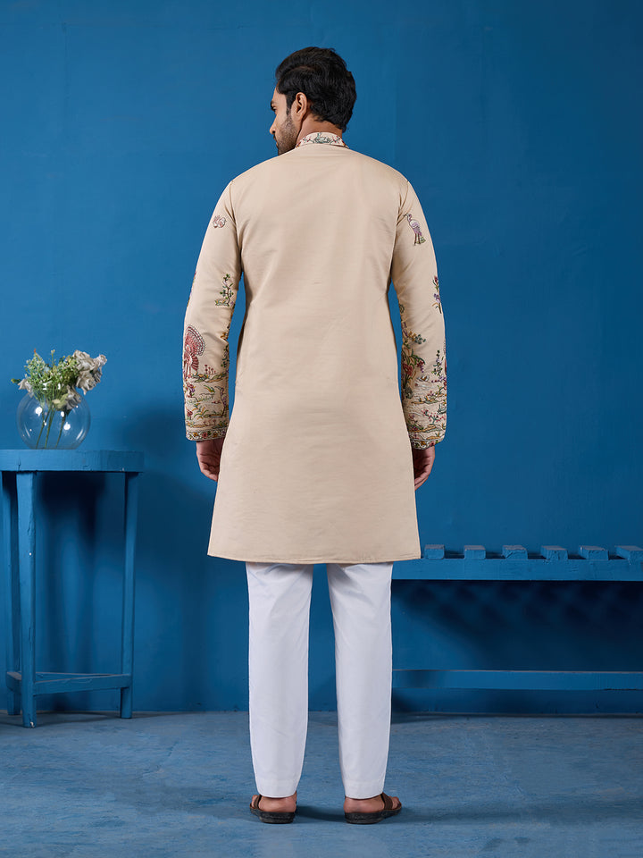 Beige Viscose Silk Kurta for Men | Threads & Sequence Embroidered Occasion Wear