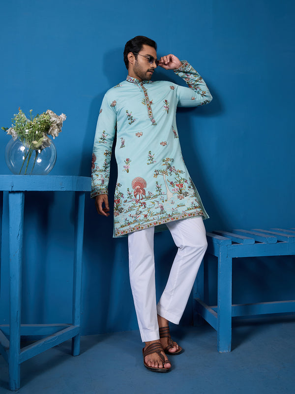 Men's Sky Viscose Silk Kurta with Sequin & Thread Embroidery | Occasion Wear