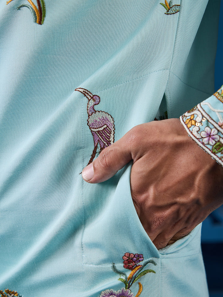 Men's Sky Viscose Silk Kurta with Sequin & Thread Embroidery | Occasion Wear