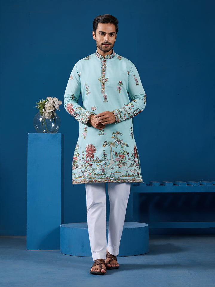 Men's Sky Viscose Silk Kurta with Sequin & Thread Embroidery | Occasion Wear