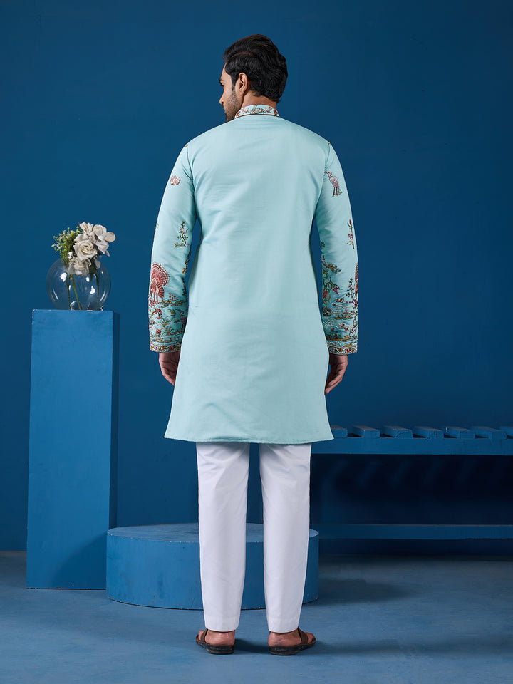 Men's Sky Viscose Silk Kurta with Sequin & Thread Embroidery | Occasion Wear