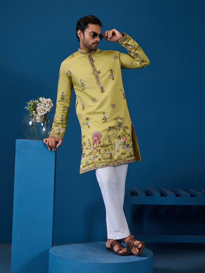 Traditional Occasion Wear Yellow Viscose Silk Kurta for Men