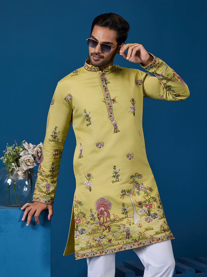 Traditional Occasion Wear Yellow Viscose Silk Kurta for Men