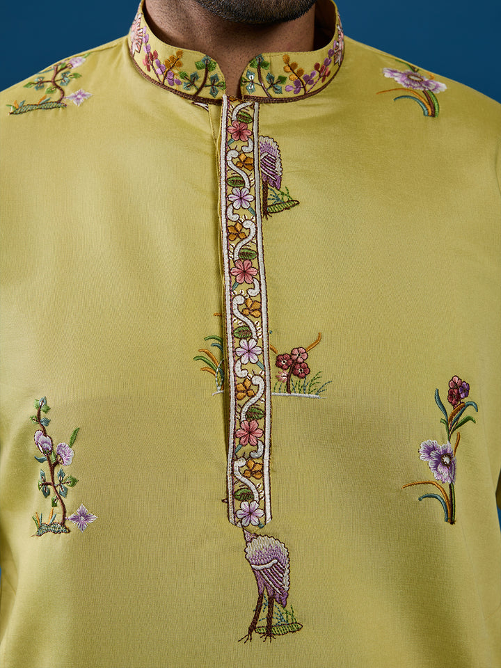 Traditional Occasion Wear Yellow Viscose Silk Kurta for Men