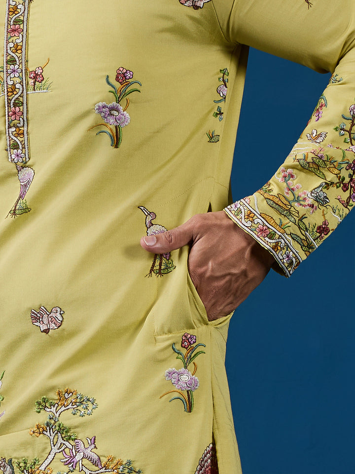 Traditional Occasion Wear Yellow Viscose Silk Kurta for Men