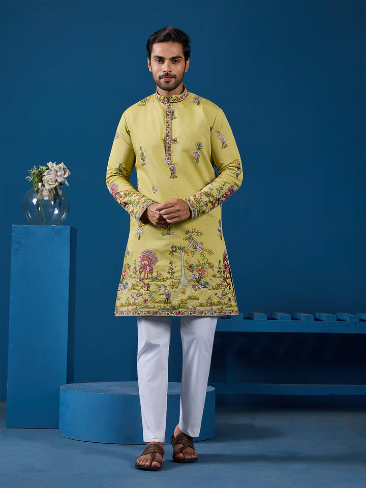 Traditional Occasion Wear Yellow Viscose Silk Kurta for Men