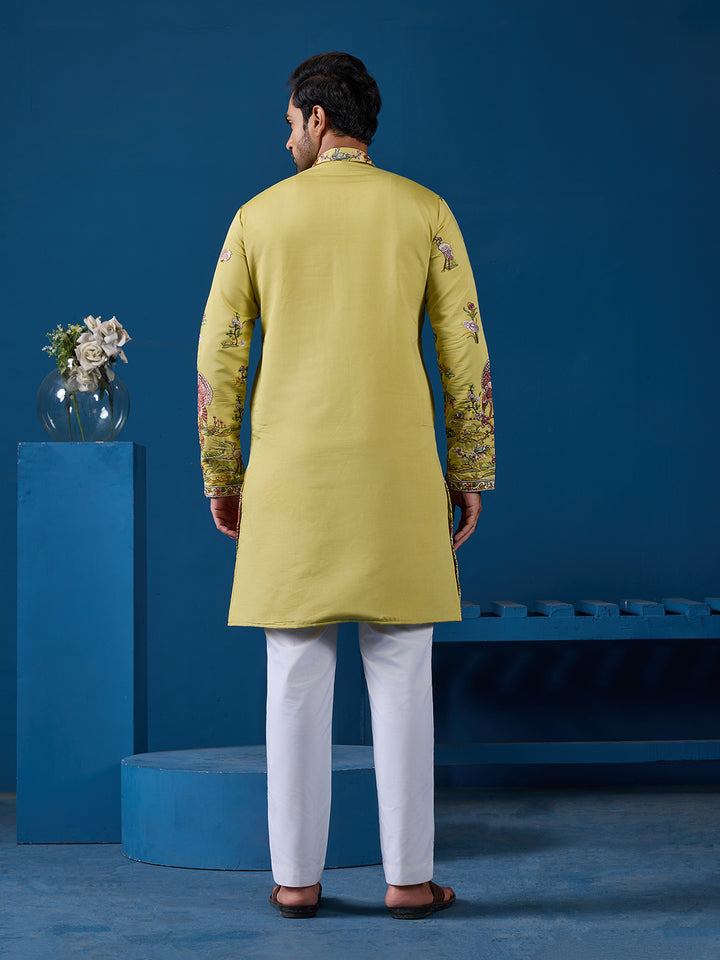 Traditional Occasion Wear Yellow Viscose Silk Kurta for Men