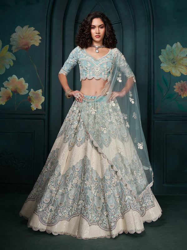 Firozi Georgette Bridal Lehenga Choli with Embroidery Work For Wedding Wear