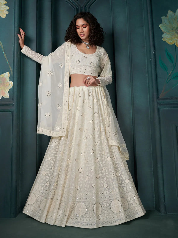 Off-White Georgette Bridal Lehenga Choli with Embroidery Work For Wedding Wear