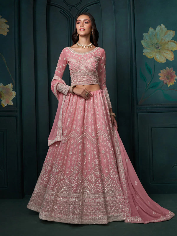 Pink Georgette Bridal Lehenga Choli with Embroidery Work For Wedding Wear