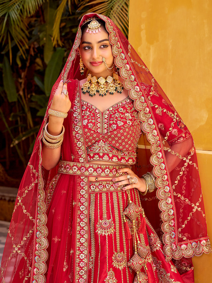 Red Silk Wedding Lehenga with Mirror Handwork, Zarkan Diamond & Net Dupatta