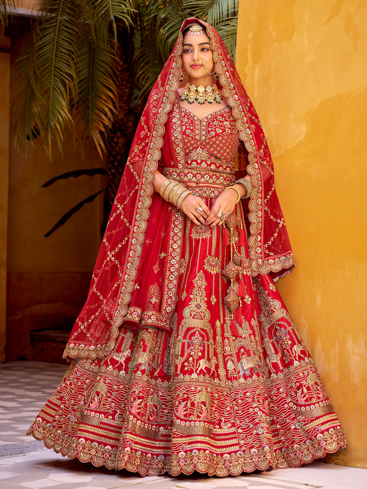 Red Silk Wedding Lehenga with Mirror Handwork, Zarkan Diamond & Net Dupatta
